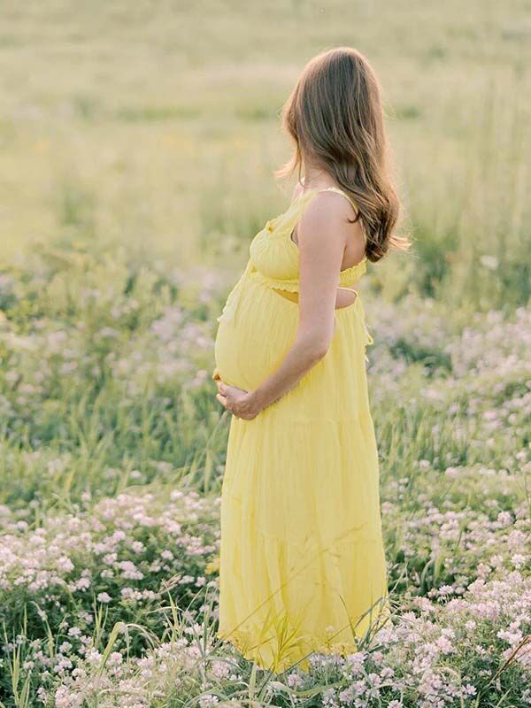 Robe photo longue grossesse coulisse taille dos nu volants fluide trapèze jaune