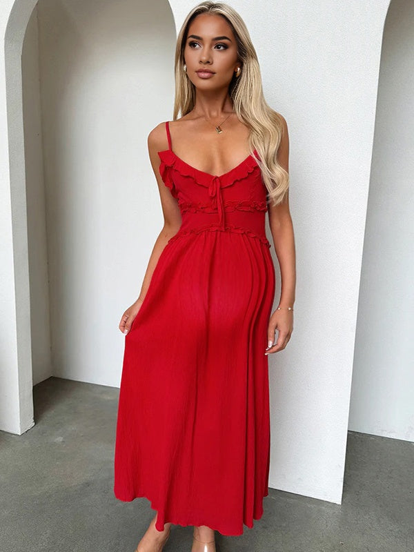 Robe longue grossesse ruchés froncées fluide spaghettiträger rouge