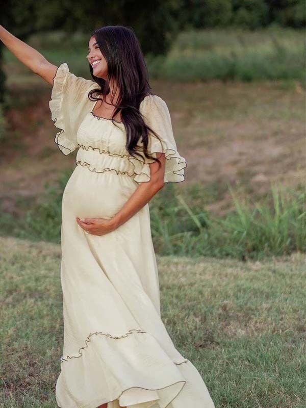 Beaumama robes longue grossesse manches trompette col bateau bustier plis femme enceinte