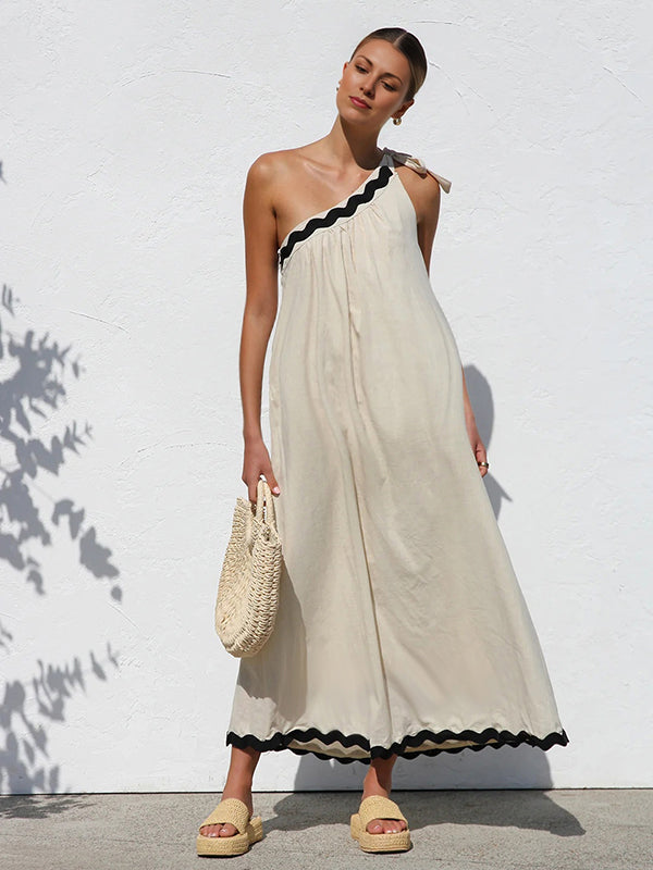 Robe longue grossesse bord ondulé épaule asymétrique abricot