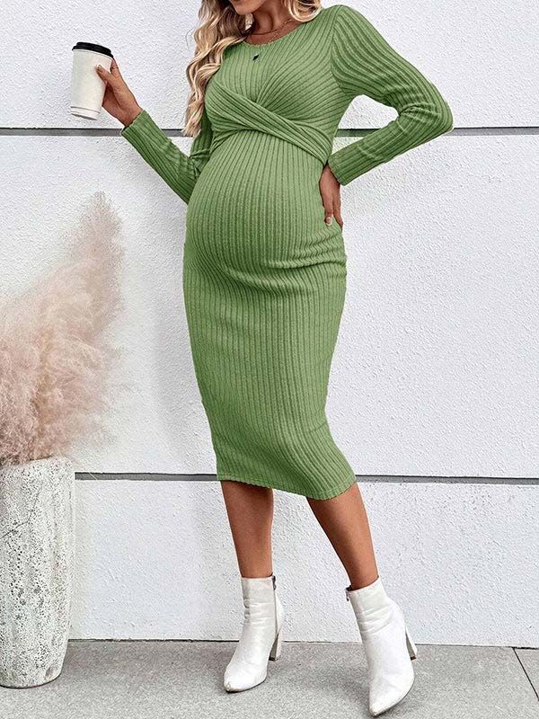 Beaumama robe mi-longue grossesse casual chic nœud moulante rayé femme enceinte