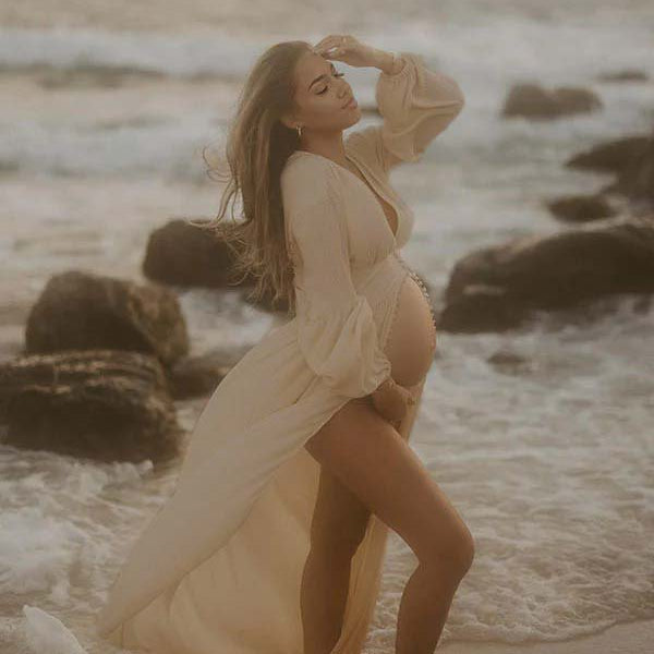 Beaumama robes longue grossesse bohème enceinte shooting boutonnage fente avant fluide femme enceinte