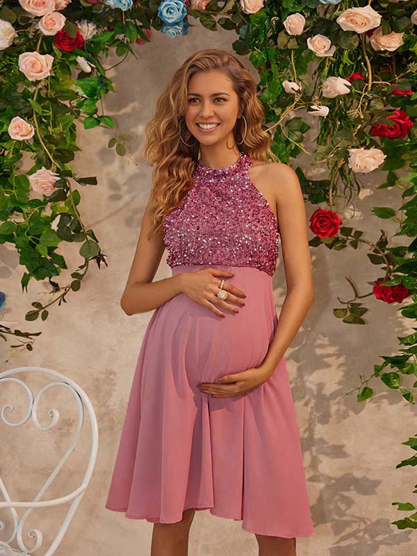 Beaumama robes courte grossesse brillante paillette dos nu licou élégant femme enceinte