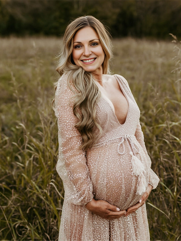 Beaumama robes photo longue grossesse baby shower élégant brillante ceinture tulle transparent femme enceinte