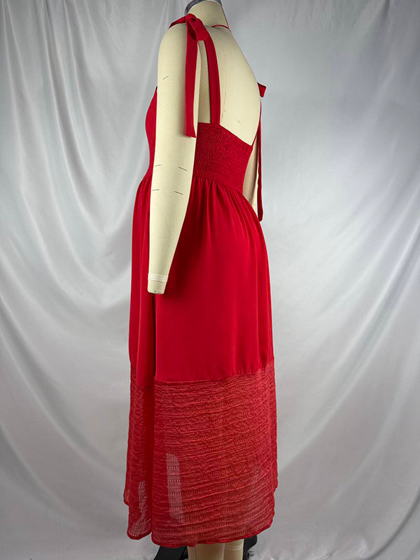 Robes longue grossesse strap plissé nœud papillon rouge