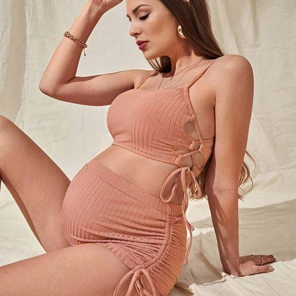 Beaumama maillot de bain deux pièces grossesse rayé coulisse taille plage bikini femme enceinte