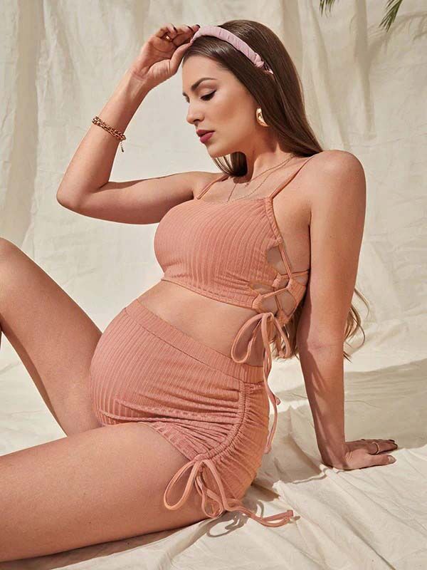 Beaumama maillot de bain deux pièces grossesse rayé coulisse taille plage bikini femme enceinte