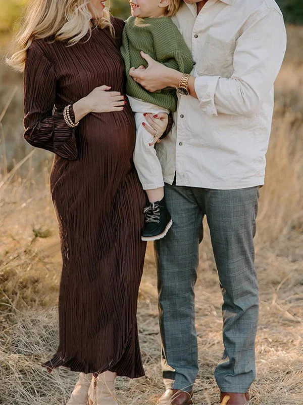 Beaumama robe photo longue grossesse ceinture plissé col rond manches trompette élégant femme enceinte