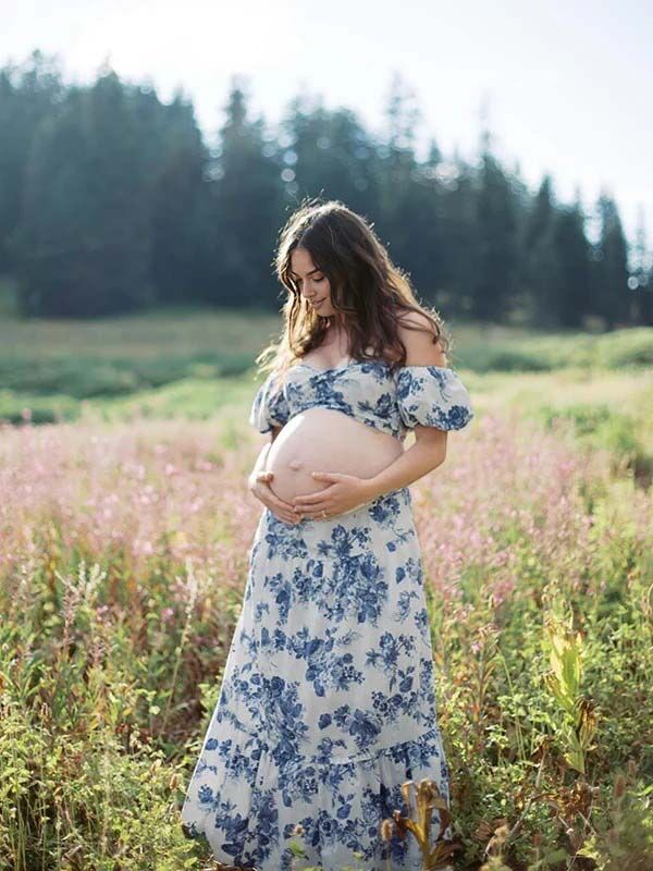 Beaumama robes photo longue grossesse élégant chic imprimé fleurie épaule dénudée fluide trapèze 2 pièces femme enceinte