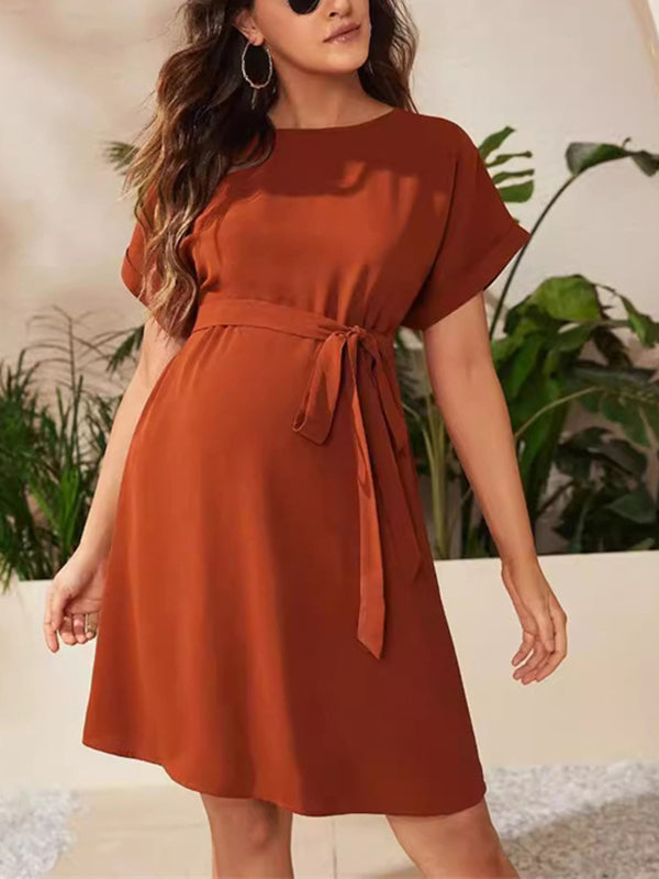 Beaumama robes courte grossesse unicolore nœud papillon col rond femme enceinte