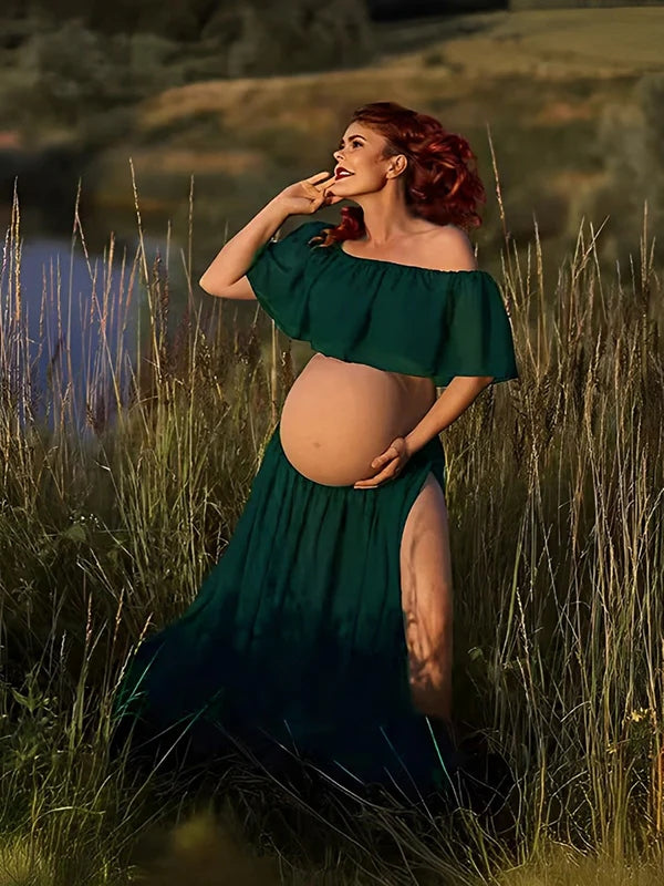Beaumama robe longue grossesse élégant enceinte shooting costume deux pièces volants fendu le côté queue mousseline femme enceinte