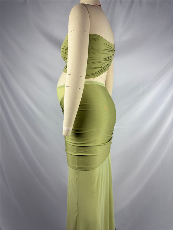 Beaumama robes photo longue grossesse élégant chic irrégulier tulle épissage cropped épaule asymétrique femme enceinte