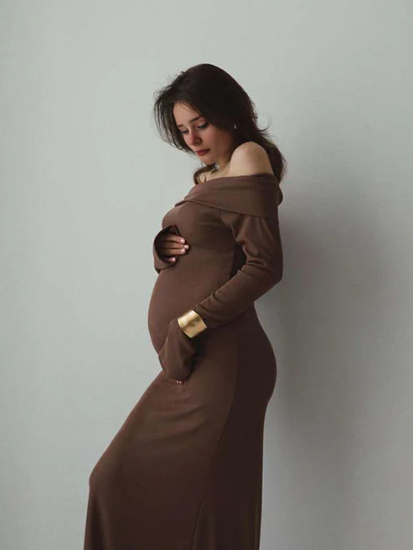 Beaumama robe pulls longue grossesse chic élégant crochet tricot épaule dénudée moulante femme enceinte