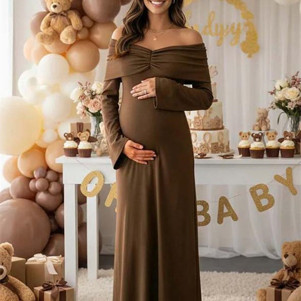 Beaumama robes longue grossesse élégant chic épaule dénudée plissé trapèze femme enceinte