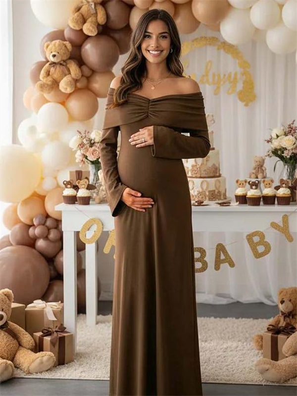 Beaumama robes longue grossesse élégant chic épaule dénudée plissé trapèze femme enceinte