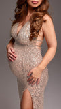Beaumama robes photo longue grossesse élégant moulante brillante paillette croisé dos fendu le côté femme enceinte