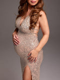 Beaumama robes photo longue grossesse élégant moulante brillante paillette croisé dos fendu le côté femme enceinte