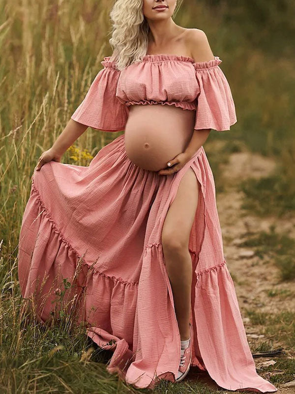 Beaumama robes longue grossesse enceinte shooting costume deux pièces fendu le côté volants fluide femme enceinte