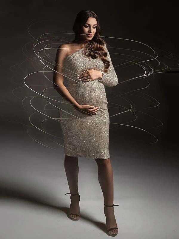 Beaumama robes courte grossesse brillante paillette asymétrique élégant femme enceinte