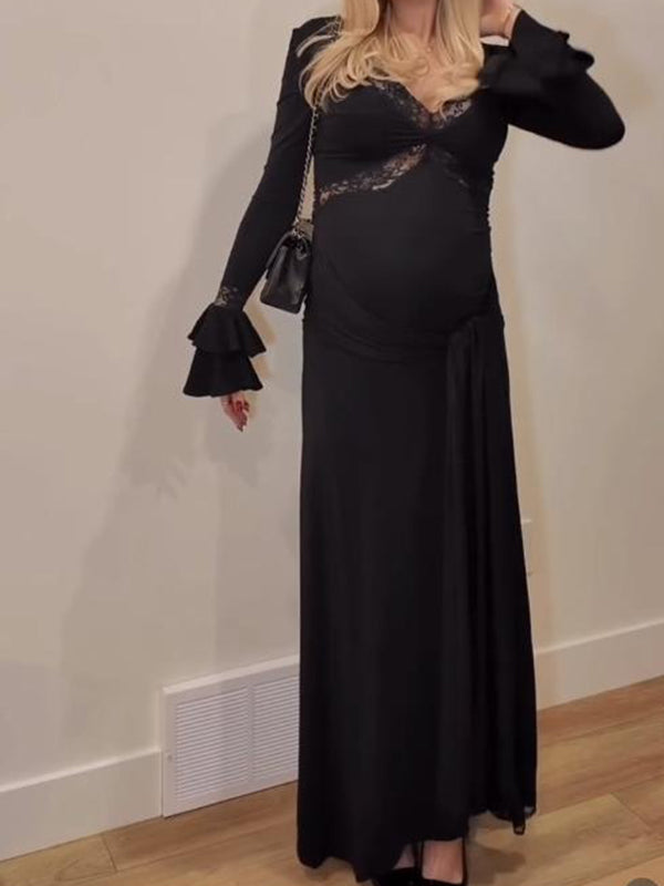 Beaumama robe longue grossesse élégant cocktail dentelle épissage volants fluide femme enceinte
