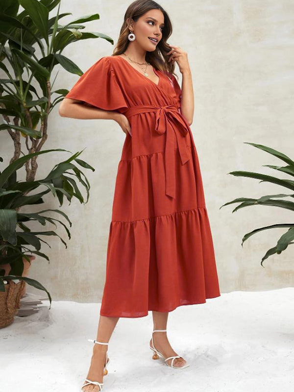 Beaumama robe décontracté longue grossesse vacances ceinture volants fluide femme enceinte