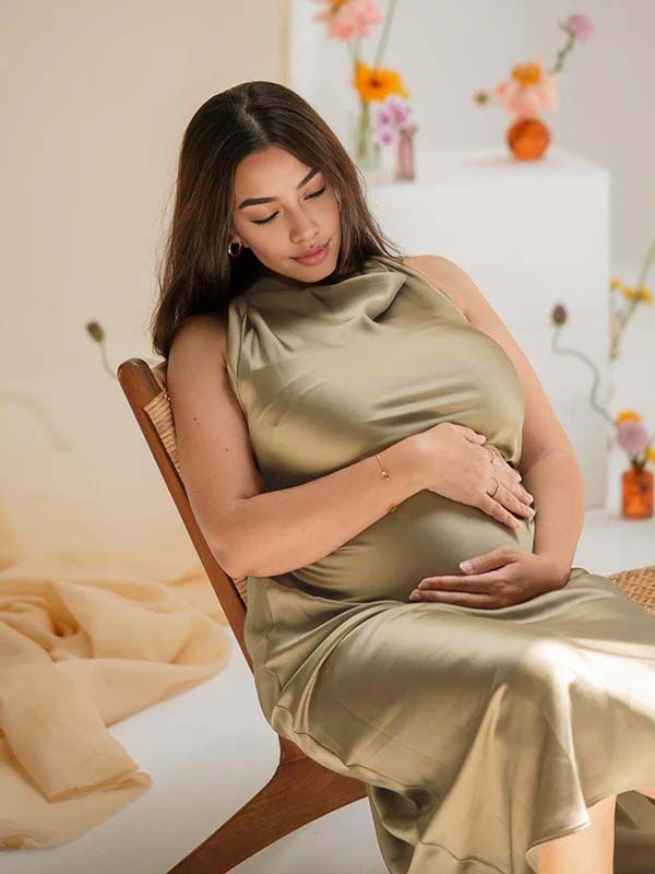 Beaumama robes longue grossesse élégant cérémonie satin plissé moulante enceinte shooting femme enceinte