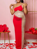 Beaumama robes longue grossesse élégant coeur strass brillante irrégulier fente au dos soirée femme enceinte