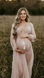 Beaumama robes photo longue grossesse baby shower élégant brillante ceinture tulle transparent femme enceinte