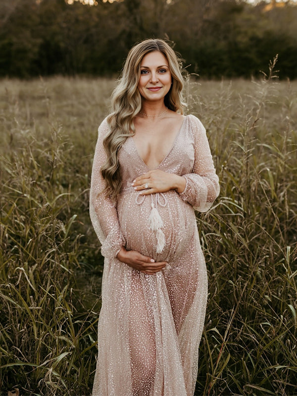 Beaumama robes photo longue grossesse baby shower élégant brillante ceinture tulle transparent femme enceinte