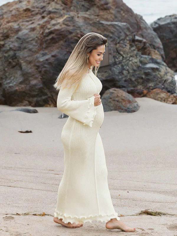 Beaumama robe shooting longue grossesse vacances crochet tricot volants dos nu fluide femme enceinte