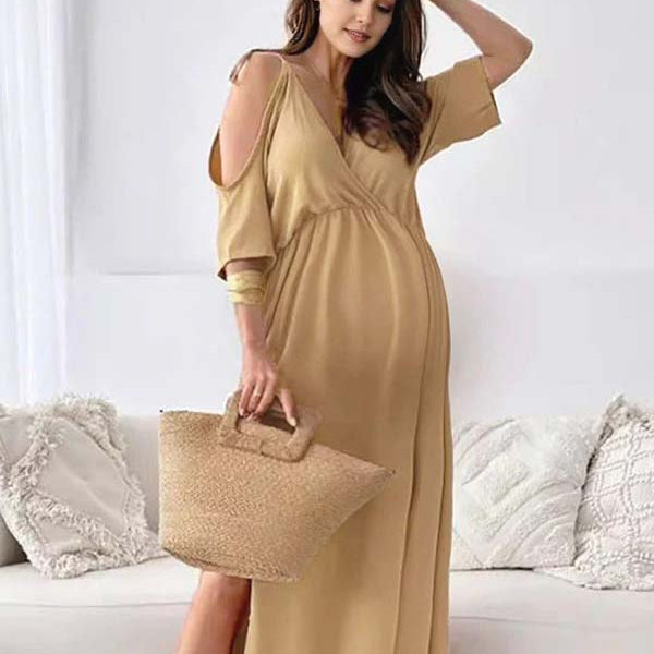 Beaumama robes longue grossesse épaules dénudées double fente le côté fluide femme enceinte