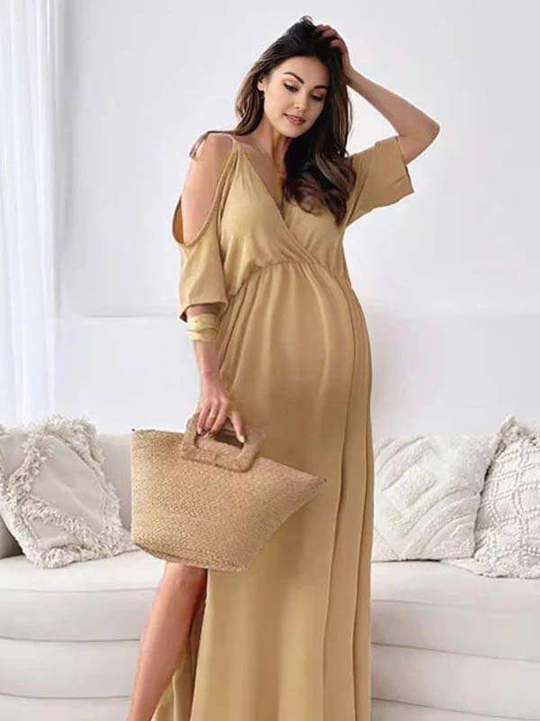 Beaumama robes longue grossesse épaules dénudées double fente le côté fluide femme enceinte