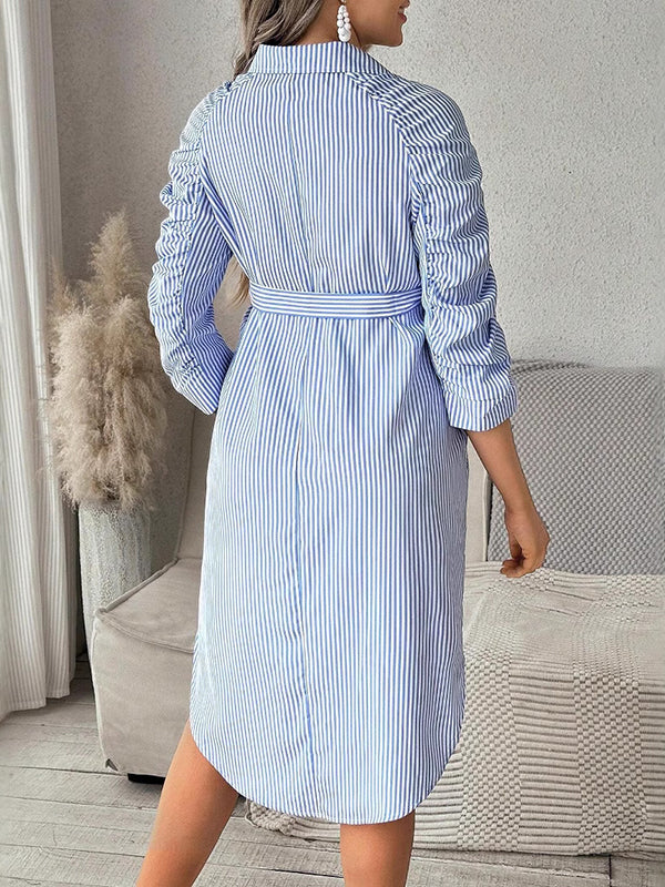Beaumama robe chemises mi-longue grossesse casual rayé ceinture boutonnage plissé femme enceinte