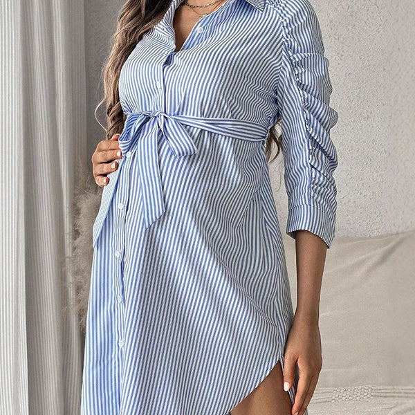 Beaumama robe chemises mi-longue grossesse casual rayé ceinture boutonnage plissé femme enceinte