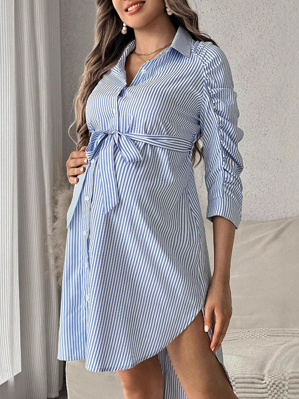 Beaumama robe chemises mi-longue grossesse casual rayé ceinture boutonnage plissé femme enceinte
