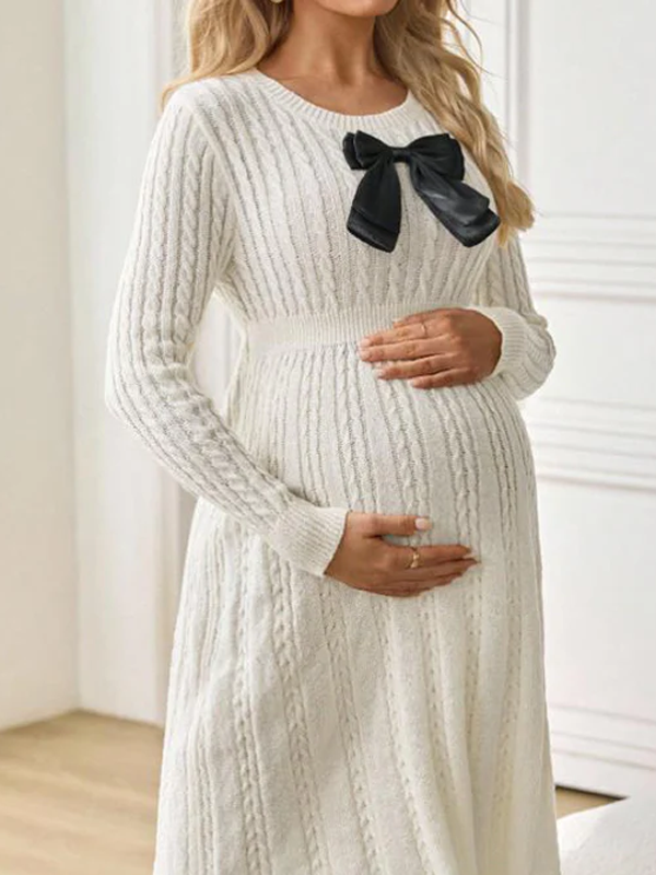 Beaumama robe pulls mi-longue grossesse élégant chic nœud papillon tricot torsadé trapèze femme enceinte