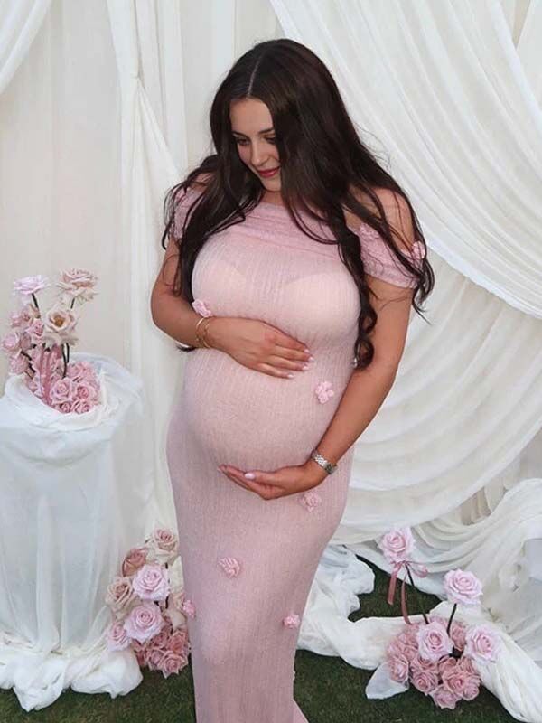 Beaumama robe longue grossesse cérémonie chic babyshower épaule dénudée tulle 3D fleurie photo moulante femme enceinte