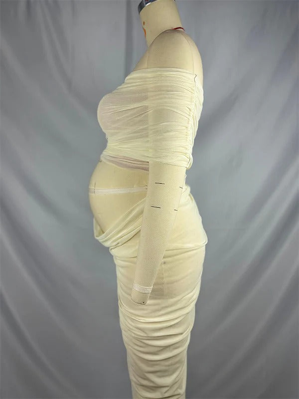 Beaumama robes photo longue grossesse chic tulle irrégulier fendu le côté épaule asymétrique femme enceinte