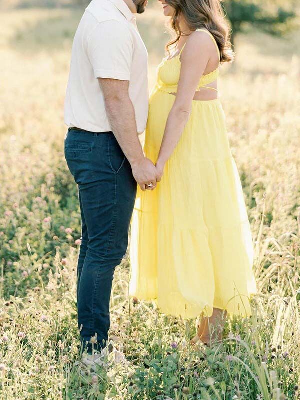 Robe photo longue grossesse coulisse taille dos nu volants fluide trapèze jaune