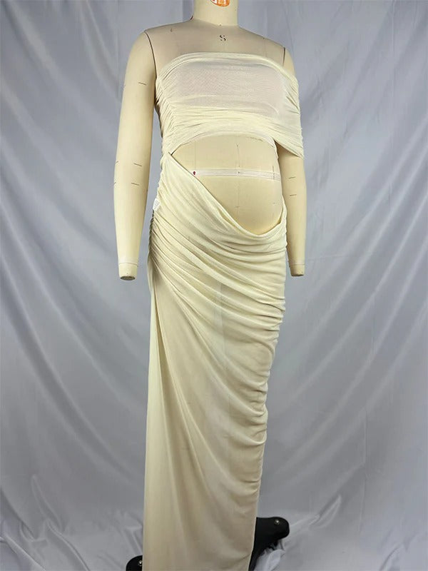 Beaumama robes photo longue grossesse chic tulle irrégulier fendu le côté épaule asymétrique femme enceinte