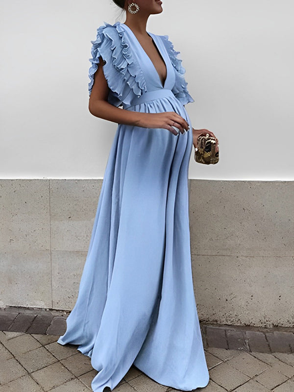 Beaumama robe longue de grossesse dos nu fluide volantée V-cou soirée femme enceinte