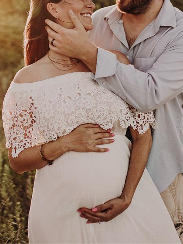 Beaumama robes longue grossesse dentelle volants col bateau robes de séance photo femme enceinte