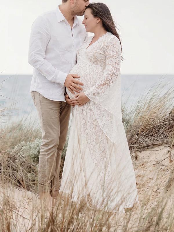 Beaumama robes photo longue grossesse Bohème élégant dentelle fendu le côté queue baby shower femme enceinte
