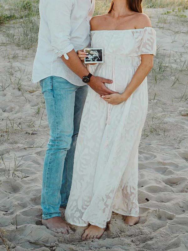 Beaumama robes photo longue grossesse élégant chic imprimé fleurie fendu le côté volants épaule dénudée femme enceinte