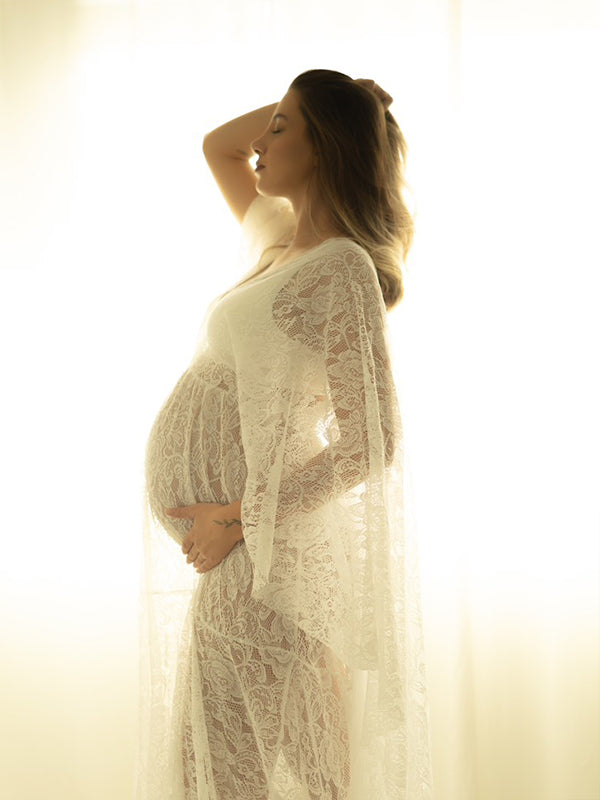 Beaumama robe longue de maternité et de grossesse shooting à manches évasées en dentelle florale style bohème