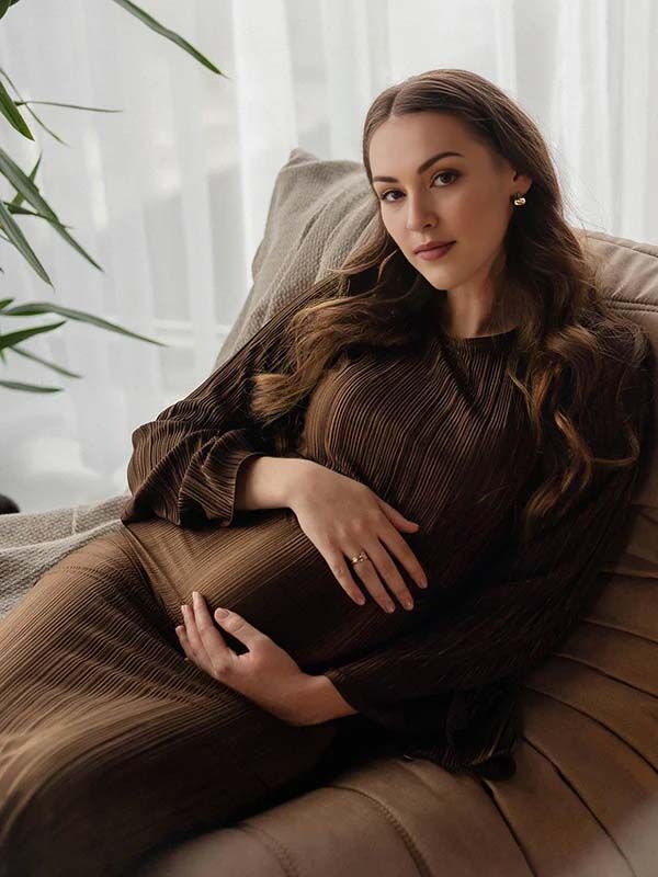 Beaumama robes mi-longue grossesse ceinture plissé col rond manches trompette élégant femme enceinte