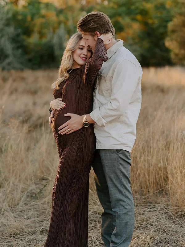 Beaumama robe photo longue grossesse ceinture plissé col rond manches trompette élégant femme enceinte