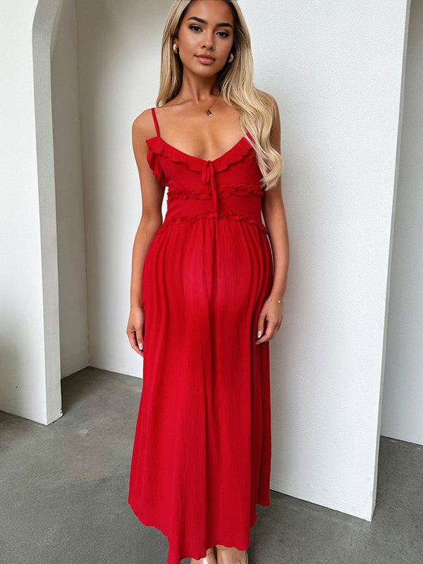 Robe longue grossesse ruchés froncées fluide spaghettiträger rouge