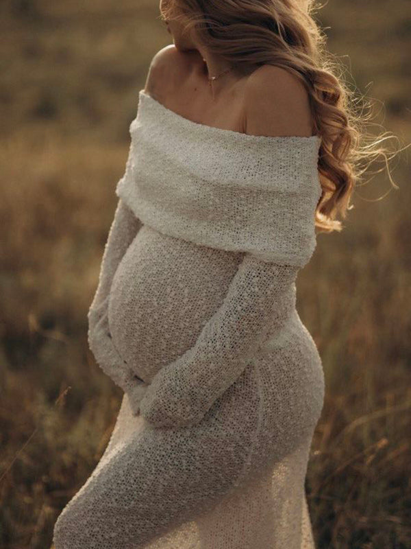 Beaumama robe longue grossesse babyshower shooting chic crochet tricot épaule dénudée cérémonie femme enceinte