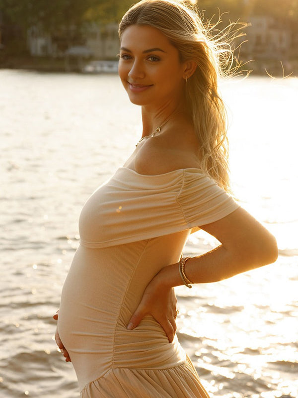 Beaumama robes longue grossesse enceinte shooting cocktail moulante plissé col bateau élégant femme enceinte